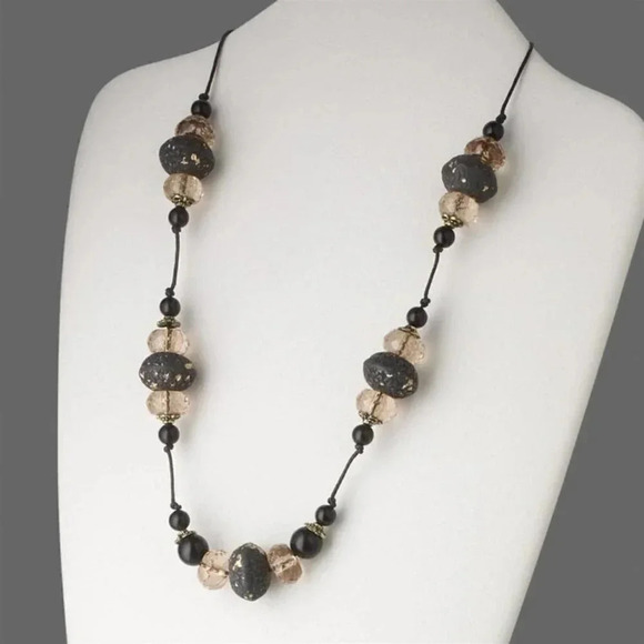Y2K 90s Mixed Media Grey Champagne Black Beaded 24" Long Necklace - Picture 1 of 2